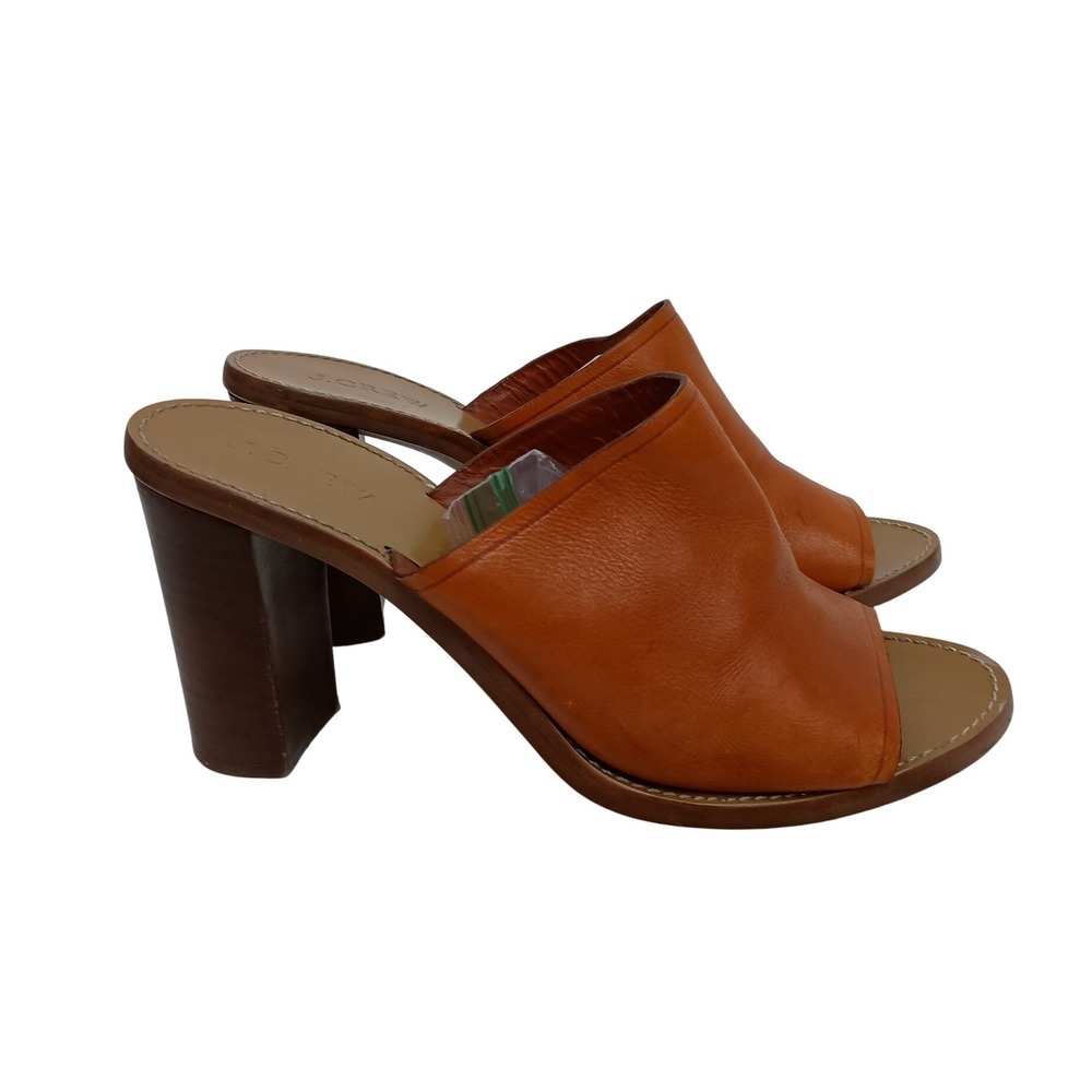 J.Crew Leather Block Heel Mules Womens 8.5 Orange Peep Toe Sandals Boho Chic